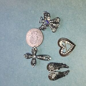 Silver-Tone Crystal Angel, Cross, Heart & Wings Brooch Set - Silver